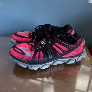 Women’s size 7.5 Brooks Pure Flow! Pink, orange, and black reflective sneakers!